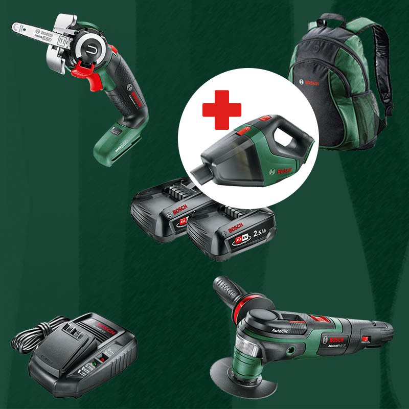 BOSCH UniversalVac18 Hediyeli BOSCH DIYmix (Ev & Bahçe Kullanımı) Advanced Cut 18 18 Volt Akülü NanoBlade Testere + Advanced Multi 18 18 Volt Akülü Çok Fonksiyonlu Alet STARLOCK (Sırt Çantası İçerisinde)