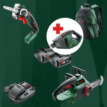 BOSCH UniversalVac18 Hediyeli BOSCH DIYmix (Ev & Bahçe Kullanımı) Advanced Cut 18 18 Volt Akülü NanoBlade Testere + Universal Chain 18 18 Volt Akülü Zincirli Ağaç Kesme (Sırt Çantası İçerisinde)