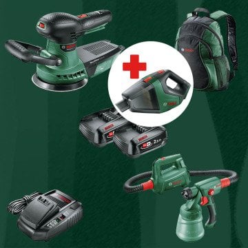 BOSCH UniversalVac18 Hediyeli BOSCH DIYmix (Ev & Bahçe Kullanımı) Advanced Orbit 18 18 Volt Akülü Eksantrik Zımpara + Easy Spray 18 V 18 Volt Akülü Boya Tabancası (Sırt Çantası İçerisinde)