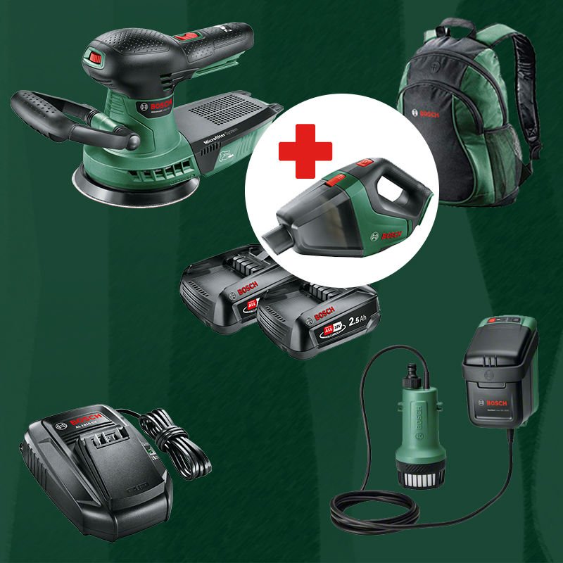 BOSCH UniversalVac18 Hediyeli BOSCH DIYmix (Ev & Bahçe Kullanımı) Advanced Orbit 18 18 Volt Akülü Eksantrik Zımpara + Garden Pump 18 V-2000 18 Volt Akülü Bahçe Pompası (Sırt Çantası İçerisinde)