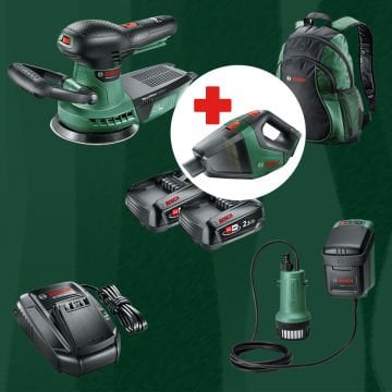 BOSCH UniversalVac18 Hediyeli BOSCH DIYmix (Ev & Bahçe Kullanımı) Advanced Orbit 18 18 Volt Akülü Eksantrik Zımpara + Garden Pump 18 V-2000 18 Volt Akülü Bahçe Pompası (Sırt Çantası İçerisinde)