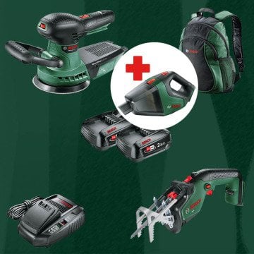 BOSCH UniversalVac18 Hediyeli BOSCH DIYmix (Ev & Bahçe Kullanımı) Advanced Orbit 18 18 Volt Akülü Eksantrik Zımpara + KEO 18 Volt Akülü Bahçe Testeresi (Sırt Çantası İçerisinde)