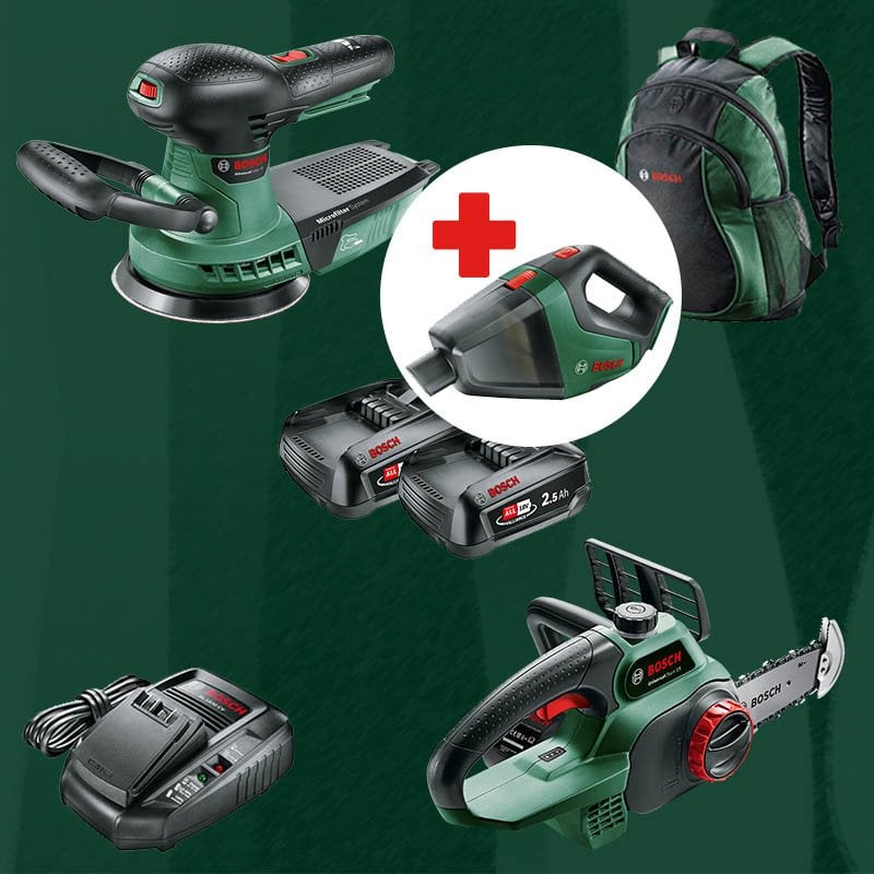 BOSCH UniversalVac18 Hediyeli BOSCH DIYmix (Ev & Bahçe Kullanımı) Advanced Orbit 18 18 Volt Akülü Eksantrik Zımpara + Universal Chain 18 18 Volt Akülü Zincirli Ağaç Kesme (Sırt Çantası İçerisinde)