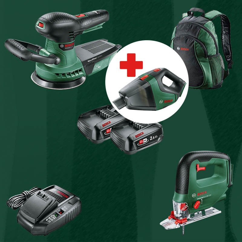 BOSCH UniversalVac18 Hediyeli BOSCH DIYmix (Ev & Bahçe Kullanımı) Advanced Orbit 18 18 Volt Akülü Eksantrik Zımpara + Universal Saw 18 V-100 18 Volt Akülü Dekupaj Testere (Sırt Çantası İçerisinde)