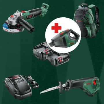 BOSCH UniversalVac18 Hediyeli BOSCH DIYmix (Ev & Bahçe Kullanımı) Advanced Recip 18 18 Volt Akülü Panter Testere + Advanced Grind 18 18 Volt Akülü Devir Ayarlı Avuç Taşlama (Sırt Çantası İçerisinde)