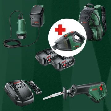 BOSCH UniversalVac18 Hediyeli BOSCH DIYmix (Ev & Bahçe Kullanımı) Advanced Recip 18 18 Volt Akülü Panter Testere + Garden Pump 18 V-2000 18 Volt Akülü Bahçe Pompası (Sırt Çantası İçerisinde)