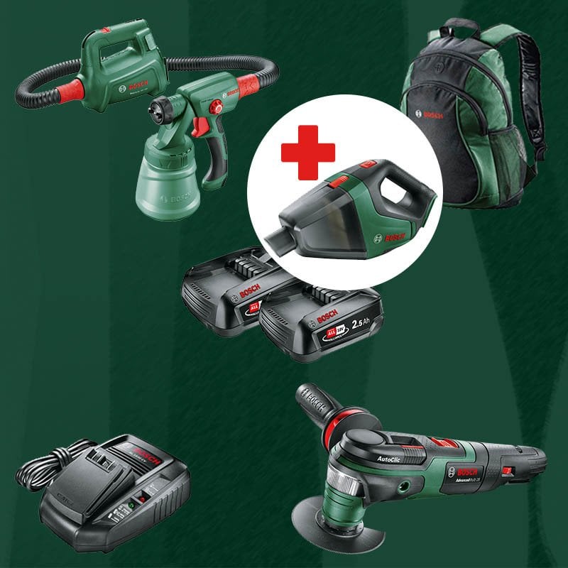 BOSCH UniversalVac18 Hediyeli BOSCH DIYmix (Ev & Bahçe Kullanımı) Easy Spray 18 V 18 Volt Akülü Boya Tabancası + Advanced Multi 18 18 Volt Akülü Çok Fonksiyonlu Alet STARLOCK (Sırt Çantası İçerisinde)