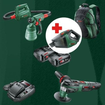 BOSCH UniversalVac18 Hediyeli BOSCH DIYmix (Ev & Bahçe Kullanımı) Easy Spray 18 V 18 Volt Akülü Boya Tabancası + Advanced Multi 18 18 Volt Akülü Çok Fonksiyonlu Alet STARLOCK (Sırt Çantası İçerisinde)