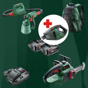 BOSCH UniversalVac18 Hediyeli BOSCH DIYmix (Ev & Bahçe Kullanımı) Easy Spray 18 V 18 Volt Akülü Boya Tabancası + Universal Chain 18 18 Volt Akülü Zincirli Ağaç Kesme (Sırt Çantası İçerisinde)