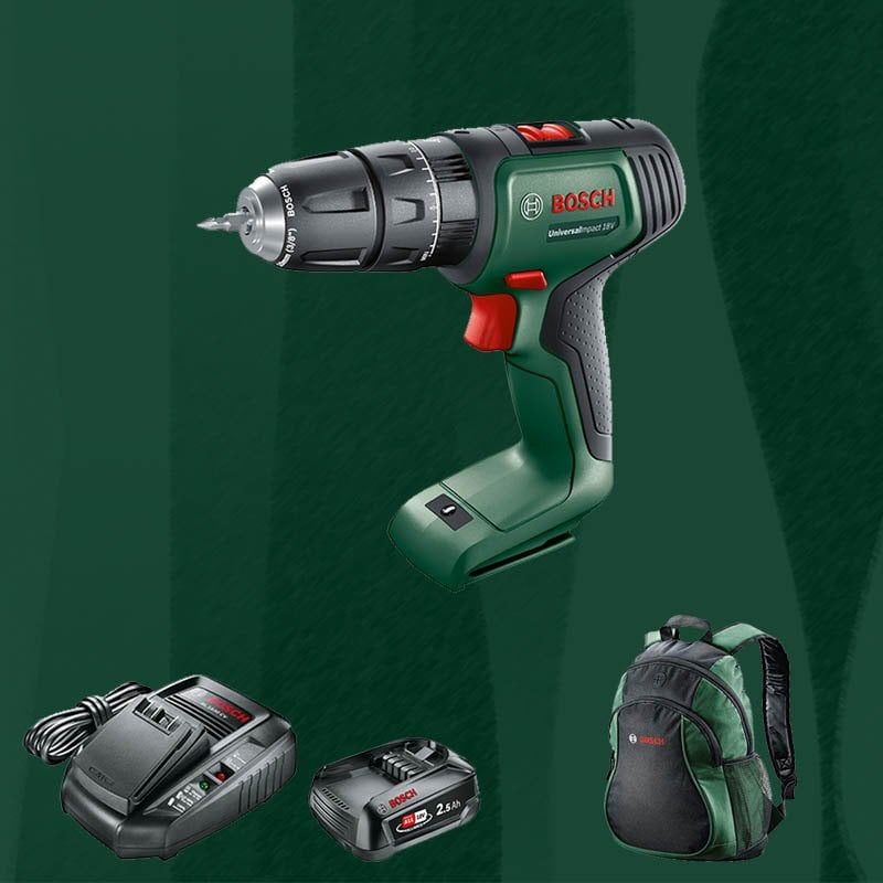 BOSCH DIYmix (Ev & Bahçe Kullanımı) Universal Impact 18 18 Volt 2,5 Ah. Tek Akülü Darbeli Delme Vidalama (Sırt Çantası İçerisinde)