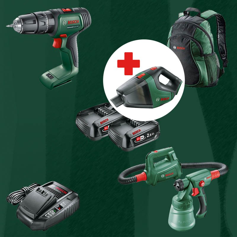 BOSCH UniversalVac18 Hediyeli BOSCH DIYmix (Ev & Bahçe Kullanımı) Universal Impact 18 18 Volt Akülü Darbeli Delme Vidalama + Easy Spray 18 V 18 Volt Akülü Boya Tabancası (Sırt Çantası İçerisinde)