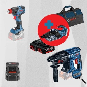 BOSCH GAS 18 V-1 Hediyeli ProMix BOSCH GBH 180-LI (Kömürsüz Motor -  2 Joule - Yeni Nesil) 18 Volt Akülü Kırıcı Delici + BOSCH GDX 18 V-200 C 18 Volt Akülü Darbeli Somun Sıkma (Kömürsüz)
