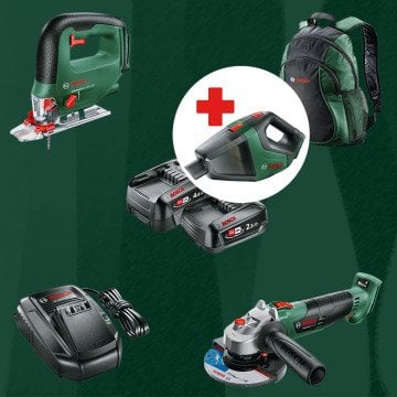 BOSCH UniversalVac18 Hediyeli BOSCH DIYmix (Ev & Bahçe Kullanımı) Universal Saw 18 V-100 18 Volt Akülü Dekupaj Testere + Advanced Grind 18 18 Volt Akülü Devir Ayarlı Avuç Taşlama (Sırt Çantası İçerisinde)