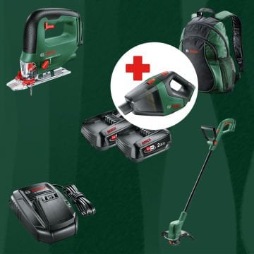 BOSCH UniversalVac18 Hediyeli BOSCH DIYmix (Ev & Bahçe Kullanımı) Universal Saw 18 V-100 18 Volt Akülü Dekupaj Testere + Easy Grass Cut 18 V-26 18 Volt Akülü Kenar Kesme (Sırt Çantası İçerisinde)