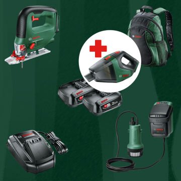 BOSCH UniversalVac18 Hediyeli BOSCH DIYmix (Ev & Bahçe Kullanımı) Universal Saw 18 V-100 18 Volt Akülü Dekupaj Testere + Garden Pump 18 V-2000 18 Volt Akülü Bahçe Pompası (Sırt Çantası İçerisinde)