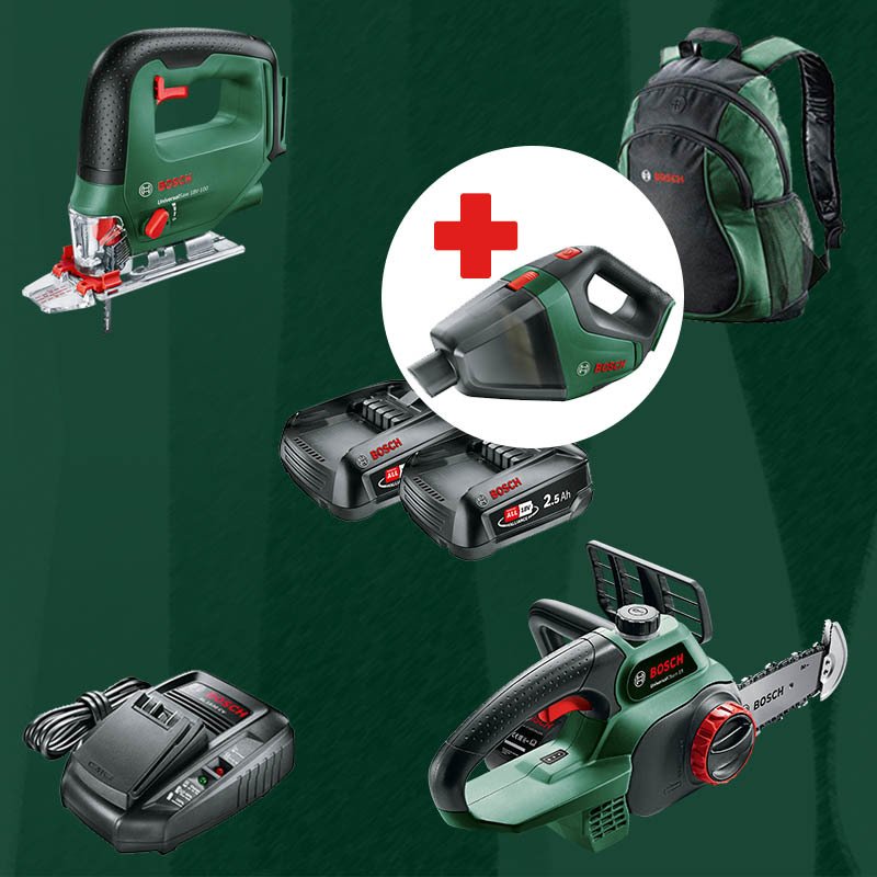 BOSCH UniversalVac18 Hediyeli BOSCH DIYmix (Ev & Bahçe Kullanımı) Universal Saw 18 V-100 18 Volt Akülü Dekupaj Testere + Universal Chain 18 18 Volt Akülü Zincirli Ağaç Kesme (Sırt Çantası İçerisinde)