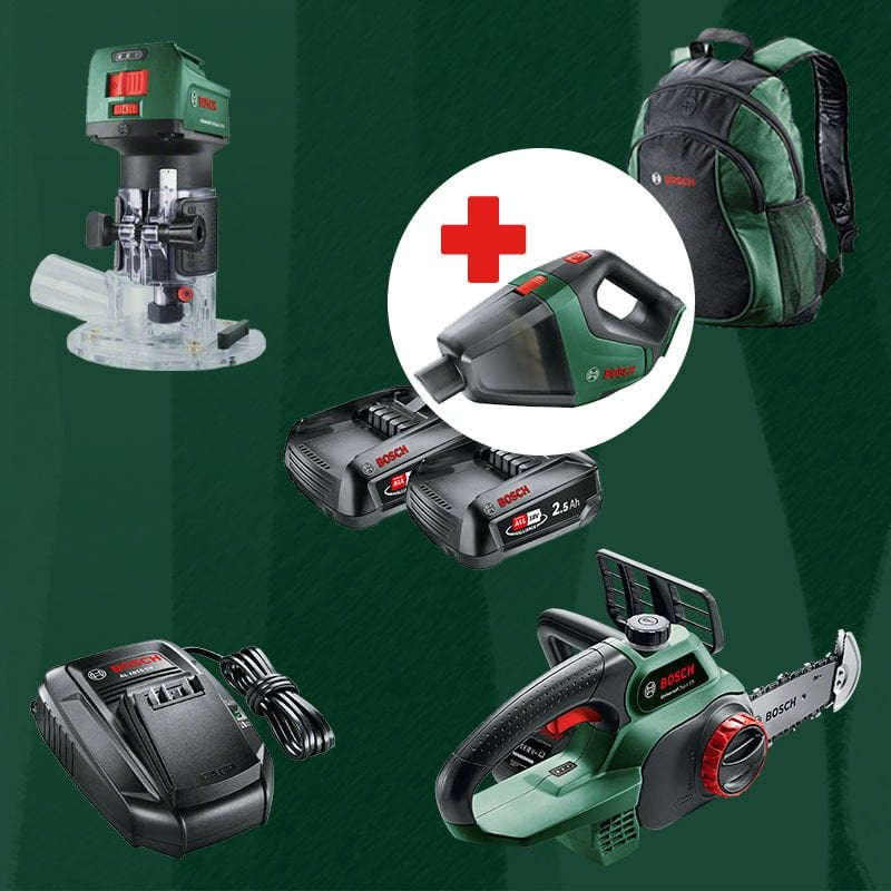 BOSCH UniversalVac18 Hediyeli BOSCH DIYmix (Ev & Bahçe Kullanımı) Advanced Trim Router 18 V-8 18 Volt Akülü Freze + Universal Chain 18 18 Volt Akülü Zincirli Ağaç Kesme