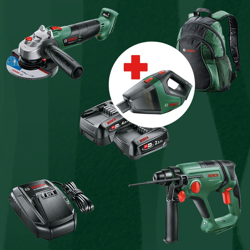 BOSCH UniversalVac18 Hediyeli BOSCH DIYmix (Ev & Bahçe Kullanımı) Universal Hammer 18 V 18 Volt Akülü Kırıcı Delici + Advanced Grind 18 18 Volt Akülü Devir Ayarlı Avuç Taşlama