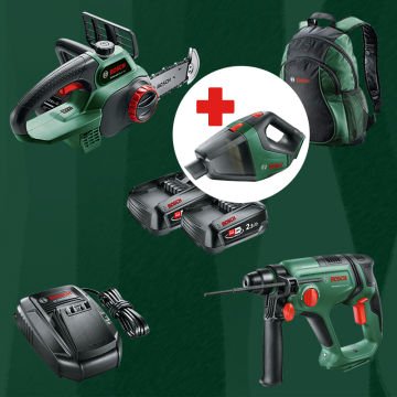 BOSCH UniversalVac18 Hediyeli BOSCH DIYmix (Ev & Bahçe Kullanımı) Universal Hammer 18 V 18 Volt Akülü Kırıcı Delici + Universal Chain 18 18 Volt Akülü Zincirli Ağaç Kesme