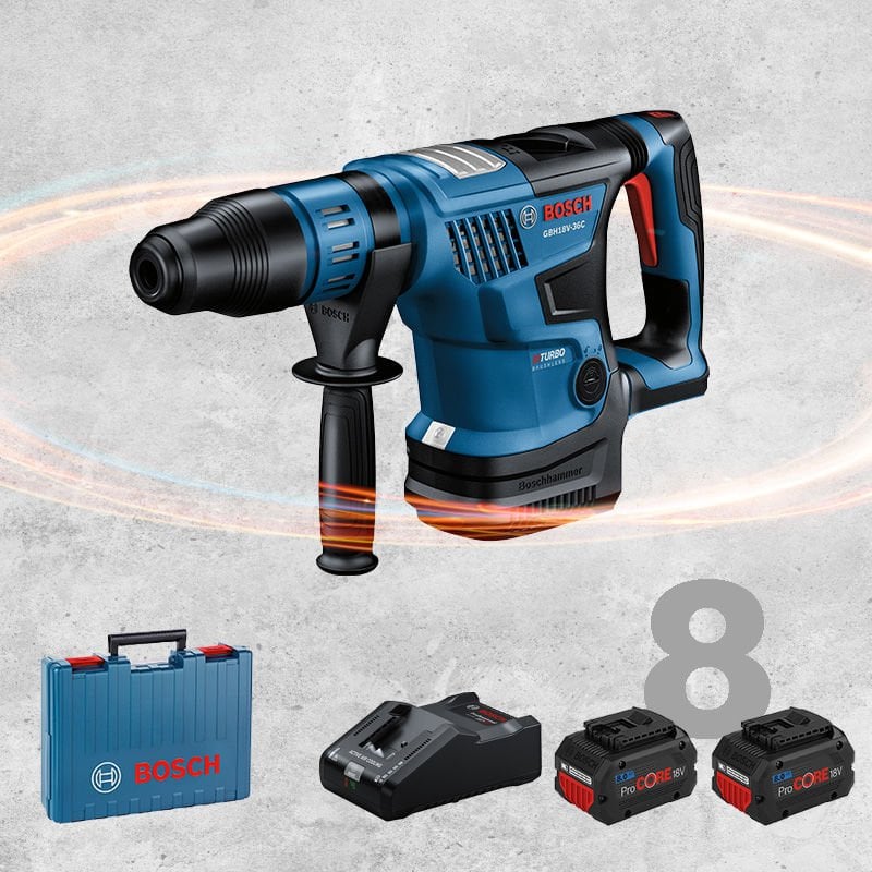 BOSCH GBH 18 V-36 C Profesyonel SDS-Max BITURBO Kömürsüz Motor 18 Volt ProCORE 8,0 Ah Çift Akülü Kırıcı-Delici (Plastik Çanta İçerisinde)