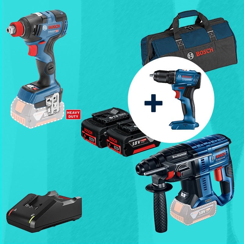 BOSCH GSR 185-LI 18 Volt Akülü Delme Vidalama (Kömürsüz) Hediyeli BOSCH GDX 18 V-200 C (Kömürsüz) 18 Volt Akülü Darbeli Somun Sıkma + BOSCH GBH 180-LI (Kömürsüz) 18 Volt Akülü Kırıcı Delici 5,0 Ah Çift Akülü Set