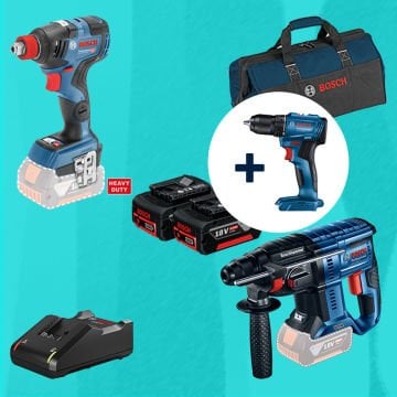BOSCH GSR 185-LI 18 Volt Akülü Delme Vidalama (Kömürsüz) Hediyeli BOSCH GDX 18 V-200 C (Kömürsüz) 18 Volt Akülü Darbeli Somun Sıkma + BOSCH GBH 180-LI (Kömürsüz) 18 Volt Akülü Kırıcı Delici 5,0 Ah Çift Akülü Set