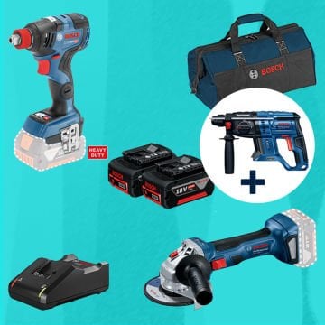 BOSCH GBH 180-LI (Kömürsüz) 18 Volt Akülü Kırıcı Delici Hediyeli BOSCH GDX 18 V-200 C (Kömürsüz) 18 Volt Akülü Darbeli Somun Sıkma + BOSCH GWS 180-LI 18 Volt Akülü 125 mm. Avuç Taşlama (700 W Eşdeğerinde) (Kömürsüz) 5,0 Ah Çift Akülü Set