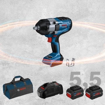 BOSCH GDS 18 V-1000 Profesyonel 1/2 Kare Girişli BITURBO Kömürsüz Motor 18 Volt ProCORE 5,5 Ah Çift Akülü Somun Sıkma (Bez Çanta İçerisinde)