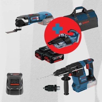 BOSCH GAS 18 V-1 Hediyeli ProMix BOSCH GOP 18V-28 18 Volt Akülü Raspalama Makinesi (Kömürsüz) + BOSCH GBH 18 V-26 F 18 Volt Akülü Kırıcı Delici (Kömürsüz)