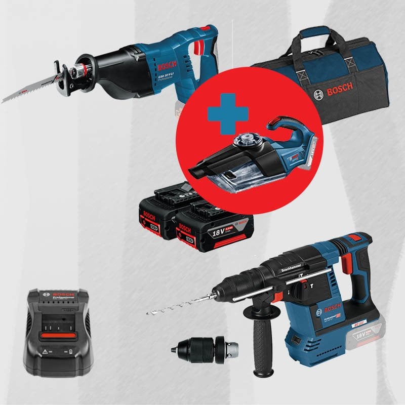 BOSCH GAS 18 V-1 Hediyeli ProMix BOSCH GSA 18 V-LI 18 Volt Akülü Tilki Kuyruğu + BOSCH GBH 18 V-26 F 18 Volt Akülü Kırıcı Delici (Kömürsüz)