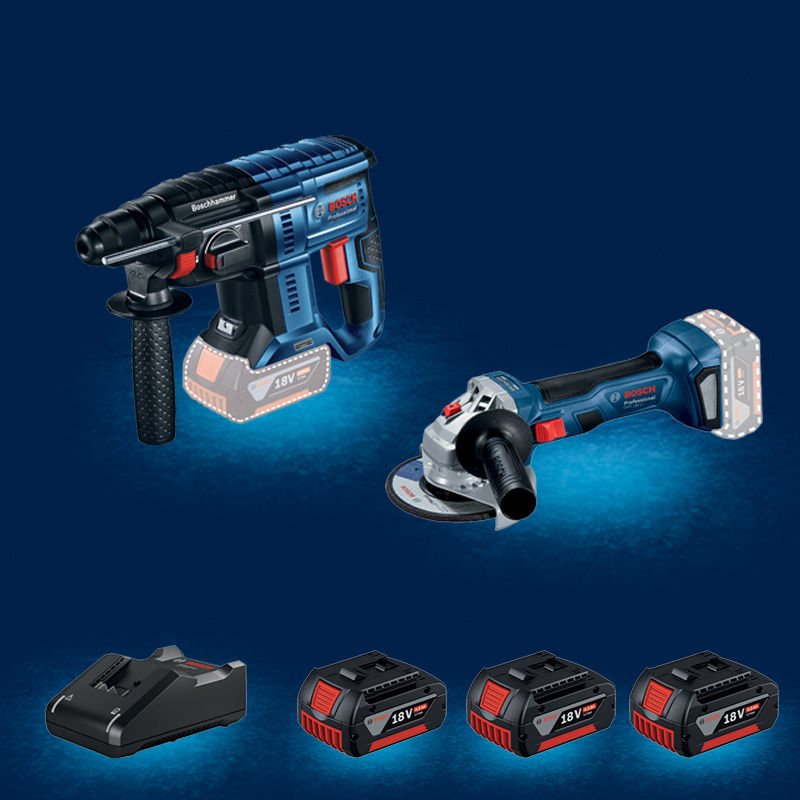 BOSCH GBH 180-LI (Kömürsüz Motor -  2 Joule - Yeni Nesil) 18 Volt Akülü Kırıcı  Delici + BOSCH GWS 180-LI Profesyonel 18 Volt Akülü 125 mm. Avuç Taşlama (700 W Eşdeğerinde) (Kömürsüz Motor) + 3 x BOSCH GBA 18 V 4 Ah Li-Ion Akülü Set