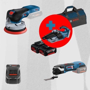 BOSCH GAS 18 V-1 Hediyeli ProMix BOSCH GEX 18 V-125 18 Volt Akülü Eksantrik Zımpara (Kömürsüz Motor) + BOSCH GOP 18V-28 18 Volt Akülü Raspalama Makinesi (Kömürsüz)