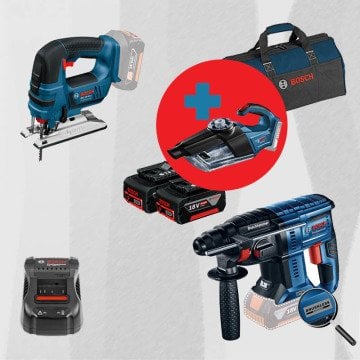 BOSCH GAS 18 V-1 Hediyeli ProMix BOSCH GBH 180-LI (Kömürsüz Motor -  2 Joule - Yeni Nesil) 18 Volt Akülü Kırıcı Delici + BOSCH GST 18V-LI B 18 Volt Akülü Dekupaj