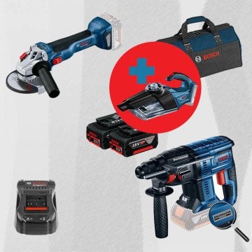 BOSCH GAS 18 V-1 Hediyeli ProMix BOSCH GBH 180-LI (Kömürsüz Motor -  2 Joule - Yeni Nesil) 18 Volt Akülü Kırıcı Delici + BOSCH GWS 18 V-10 18 Volt Akülü 125 mm. Avuç Taşlama (1000 W Eşdeğerinde) (Kömürsüz)