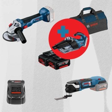 BOSCH GAS 18 V-1 Hediyeli ProMix BOSCH GWS 18 V-10 18 Volt Akülü 125 mm. Avuç Taşlama (1000 W Eşdeğerinde) (Kömürsüz) + BOSCH GOP 18V-28 18 Volt Akülü Raspalama Makinesi (Kömürsüz)