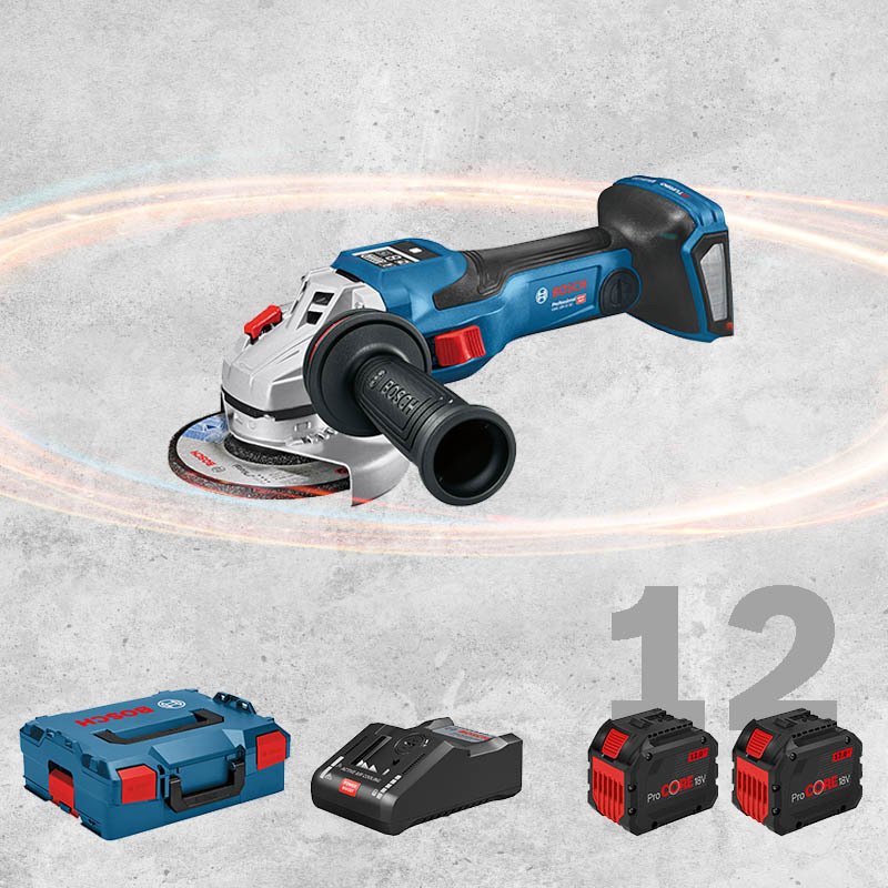 BOSCH GWS 18 V-15 SC Profesyonel BITURBO Kömürsüz Motor 18 Volt ProCORE 12,0 Ah Çift Akülü Devir Ayarlı Avuç Taşlama (L-BOXX İçerisinde)