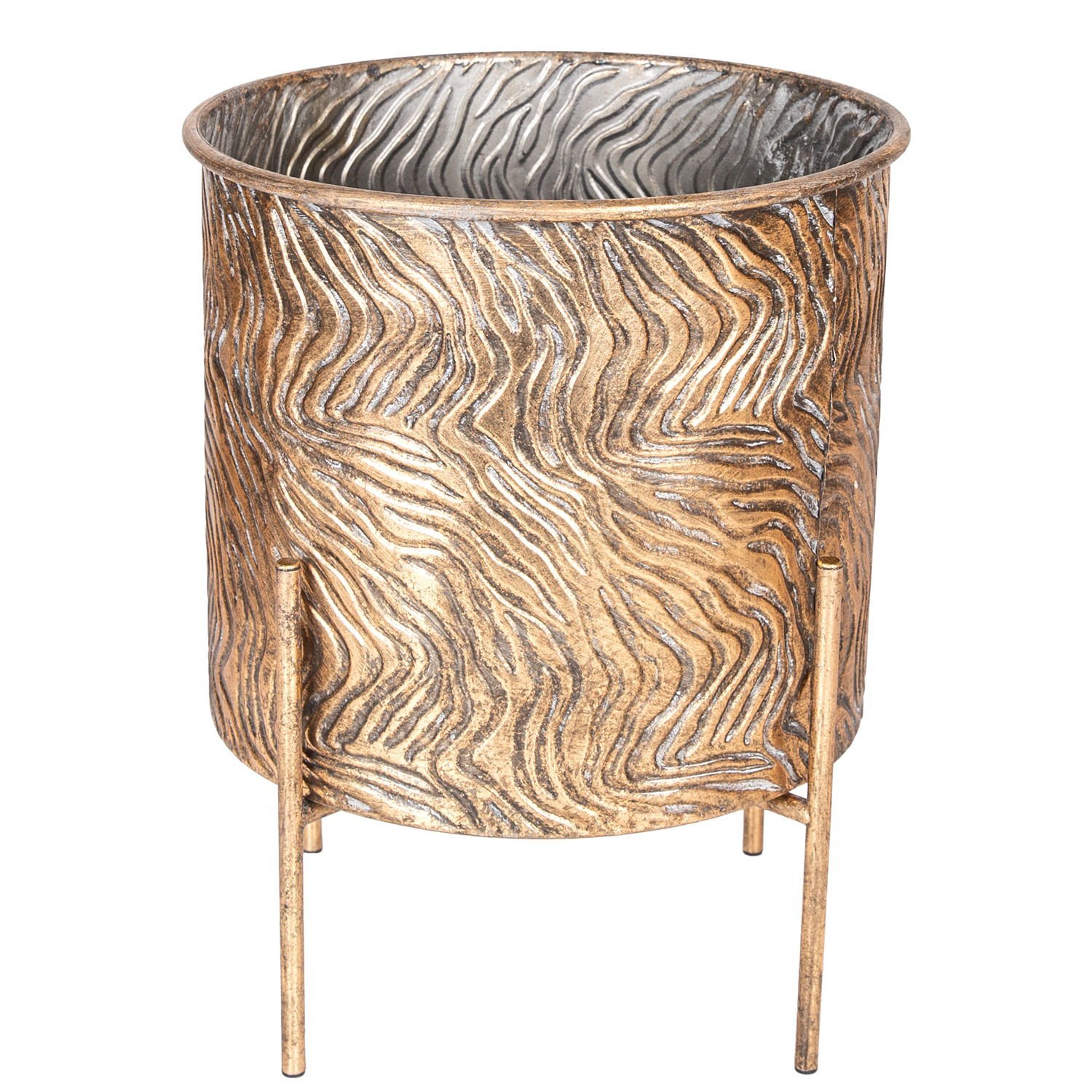 Dalga Desenli Ayaklı Silindir Metal Çiçeklik Saksı Altın Eskitme 31x38 Cm.