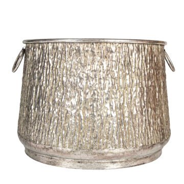 Kabartma Desenli Kulplu Metal Çiçeklik Kazan Saksı Gümüş Eskitme 45x33 Cm.