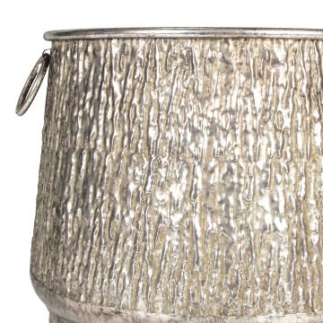 Kabartma Desenli Kulplu Metal Çiçeklik Kazan Saksı Gümüş Eskitme 45x33 Cm.