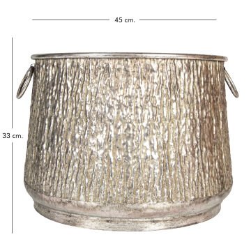 Kabartma Desenli Kulplu Metal Çiçeklik Kazan Saksı Gümüş Eskitme 45x33 Cm.