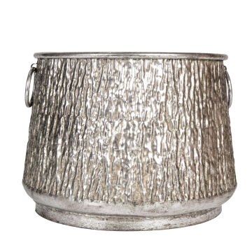 Kabartma Desenli Kulplu Metal Çiçeklik Kazan Saksı Gümüş Eskitme 39,5x29 Cm.