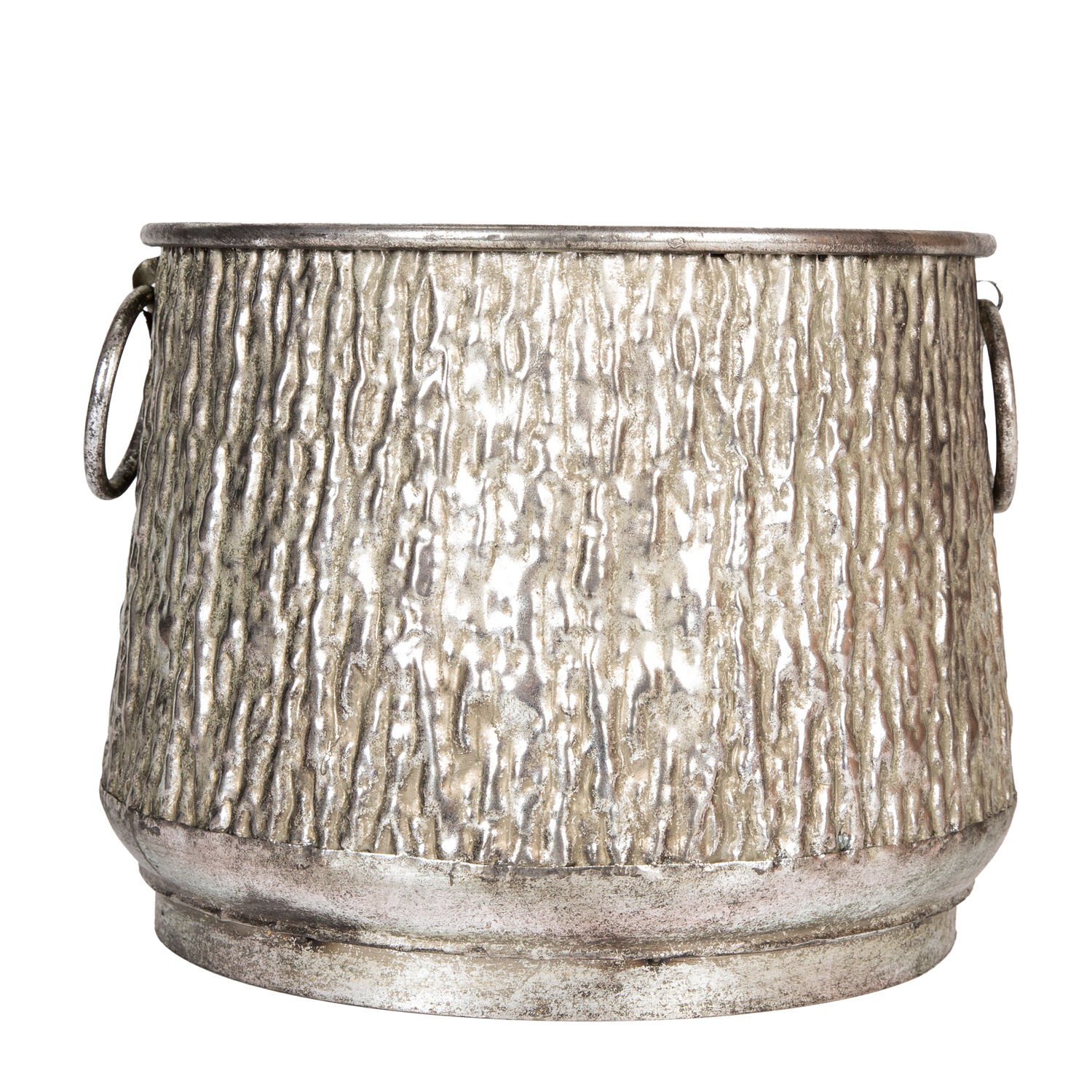 Kabartma Desenli Metal Çiçeklik Kazan Saksı Gümüş Eskitme 32x24,5 Cm.