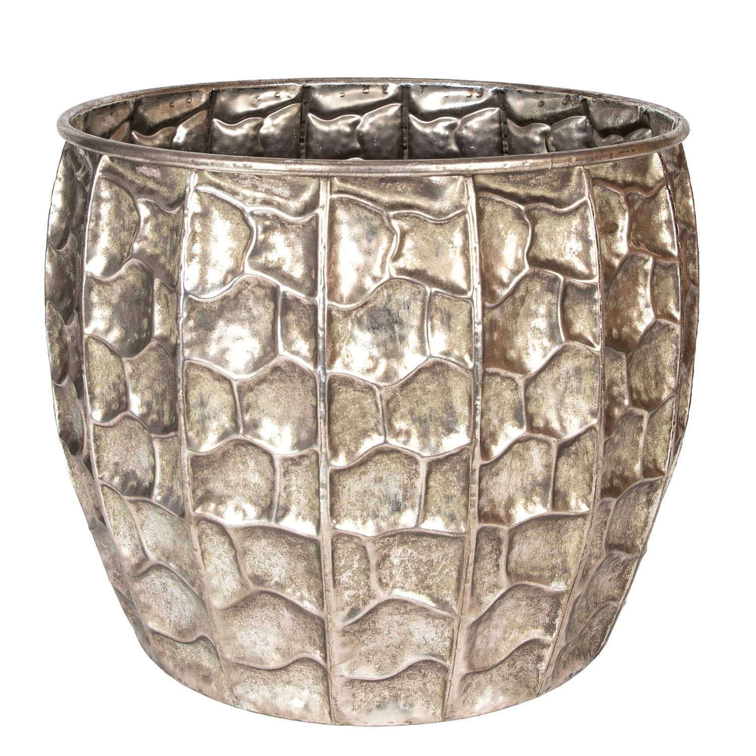 Kabartma Desenli Metal Çiçeklik Saksı Gümüş Eskitme 45x38,5 Cm.