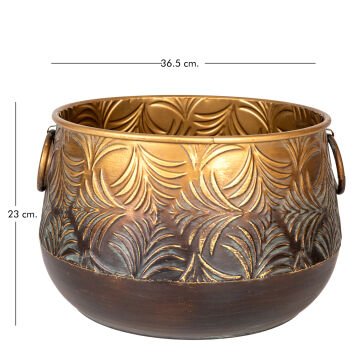Kabartma Yaprak Desenli Kulplu Metal Çiçeklik Saksı Altın Eskitme 36,50x23 Cm.