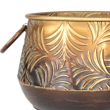 Kabartma Yaprak Desenli Kulplu Metal Çiçeklik Saksı Altın Eskitme 27x18,5 Cm.