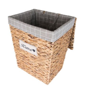 Dikdörtgen Home Kapaklı Hasır Çamaşır Sepeti (Gri Kare Kumaş İçli) Natural 45 X 53 X 35 Cm