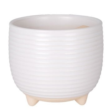 Seramik Saksı Ayaklı Yatay Kabartma Çizgili Beyaz 13x11,5 Cm.