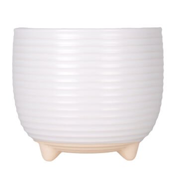 Seramik Saksı Ayaklı Yatay Kabartma Çizgili Beyaz 13x11,5 Cm.