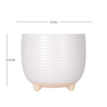 Seramik Saksı Ayaklı Yatay Kabartma Çizgili Beyaz 13x11,5 Cm.