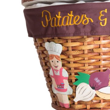 Kapaklı Bambu Patates Soğan Sepeti (Kumaş İçli) Bayan Şef Figürlü Koyu Kahve Kuşaklı Kahverengi 28 X 23 Cm